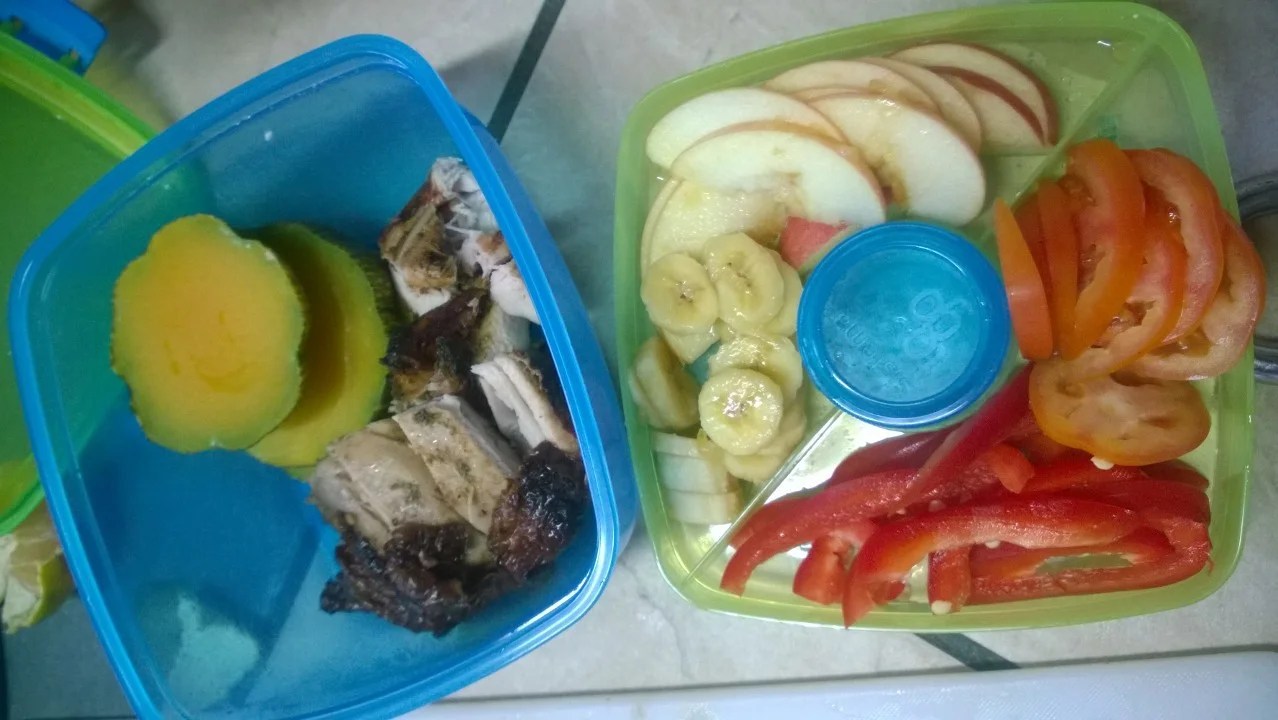 Lunch = Jerk Chicken, Lightly sautéed squash, sweet peppers, tomatoes, apples and bananas.