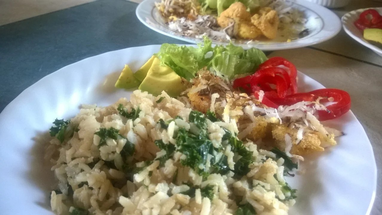 Dinner = Cornmeal crusted shrimp with shredded coconut, brown rice with kale, fresh salad